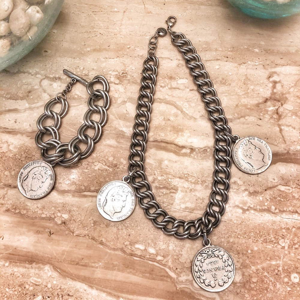 Silver coin necklace and bracelet SET